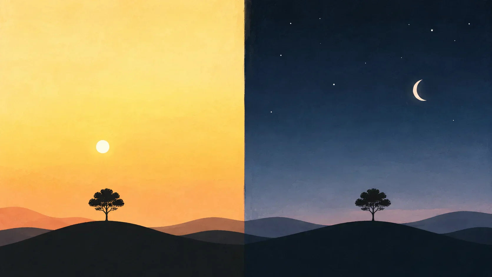 Illustration minimaliste séparée en deux parties montrant la transition entre le jour et la nuit, avec un côté gauche doré sous un soleil éclatant et un côté droit bleu sombre sous un ciel étoilé avec un croissant de lune. Image