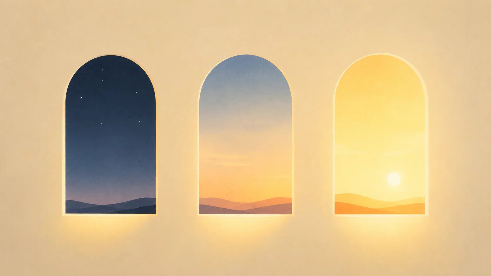 Illustration minimaliste de trois arches murales montrant l'évolution du ciel à travers les dunes : une nuit étoilée, un coucher de soleil chaleureux et un lever de soleil lumineux sur un fond beige sable. Image