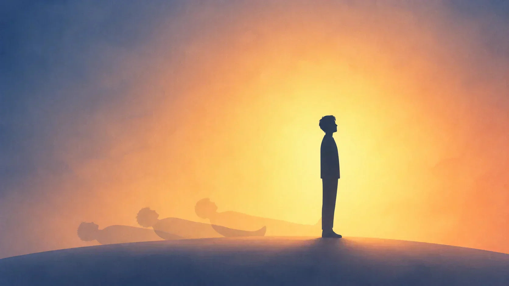 Bannière d'illustration conceptuelle montrant la silhouette d'une personne debout face à une lumière dorée éclatante au lever du soleil, avec trois silhouettes fantomatiques d'elle-même allongées au sol derrière elle. Image
