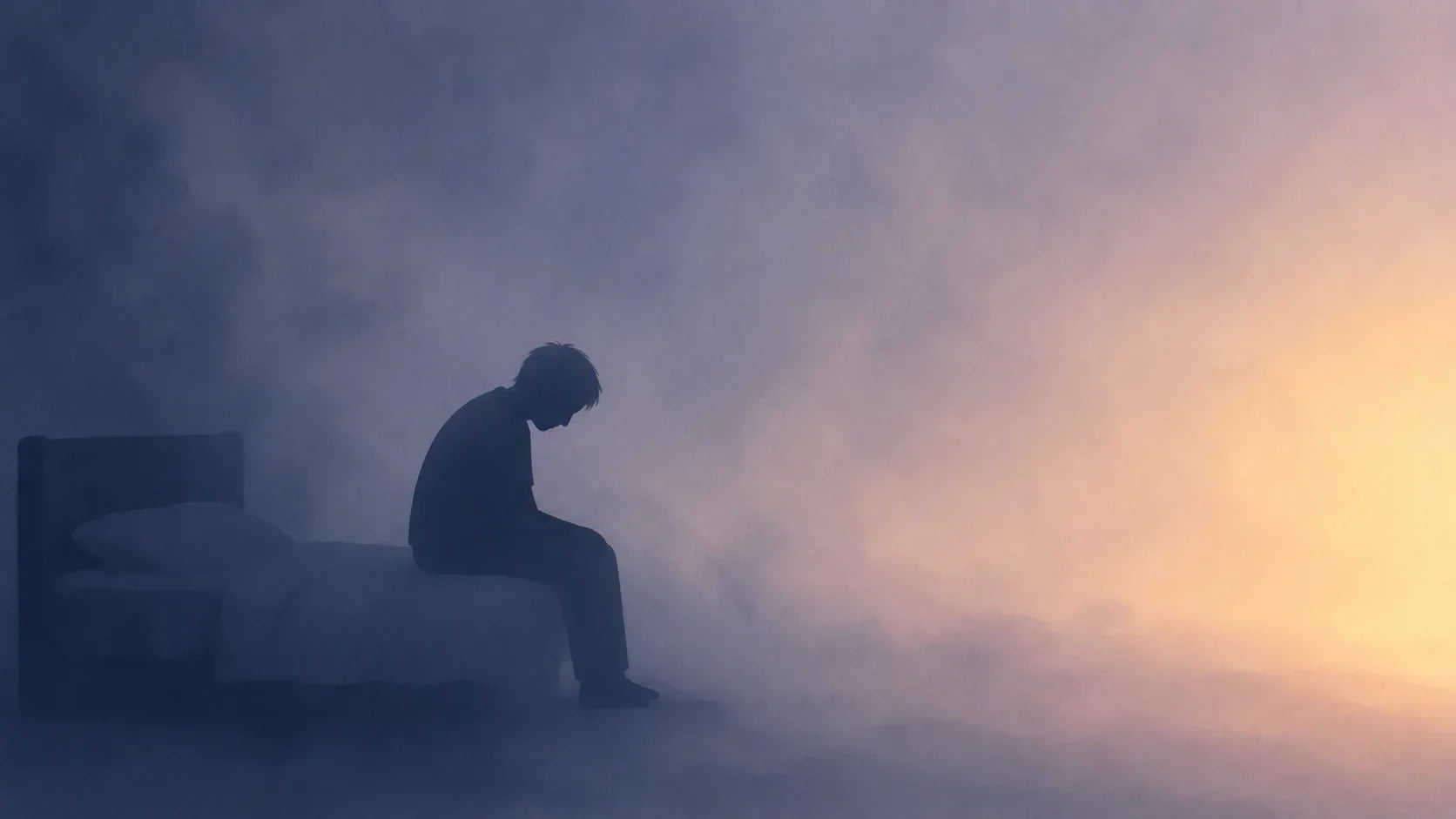 Silhouette d'un parent fatigué assis au bord de son lit dans une ambiance brumeuse et sombre, illustrant le manque de sommeil et l'épuisement parental. Image