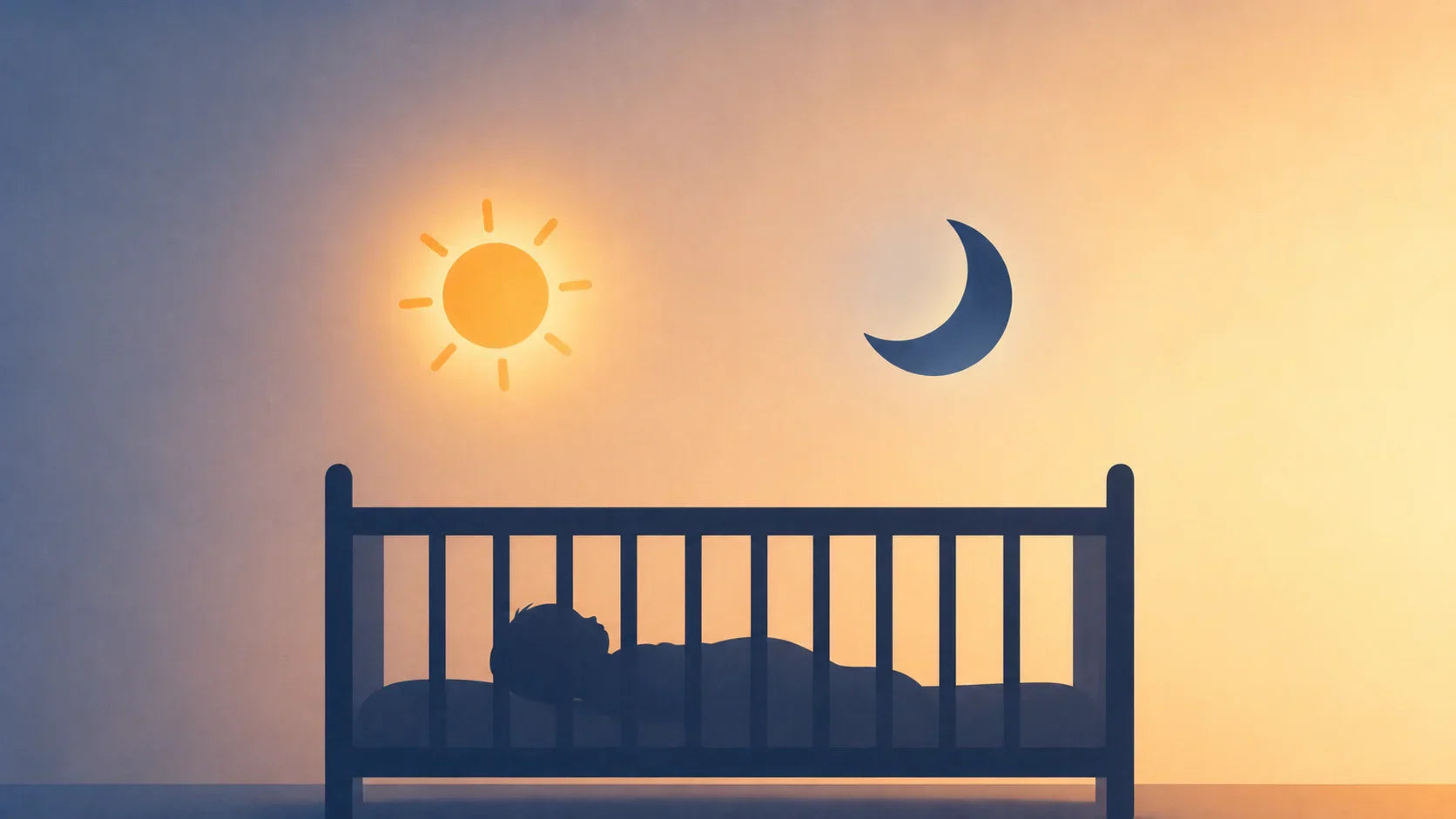 Silhouette d'un bébé qui dort paisiblement dans son lit à barreaux, surmonté d'une illustration du soleil et de la lune symbolisant le cycle du sommeil. Image
