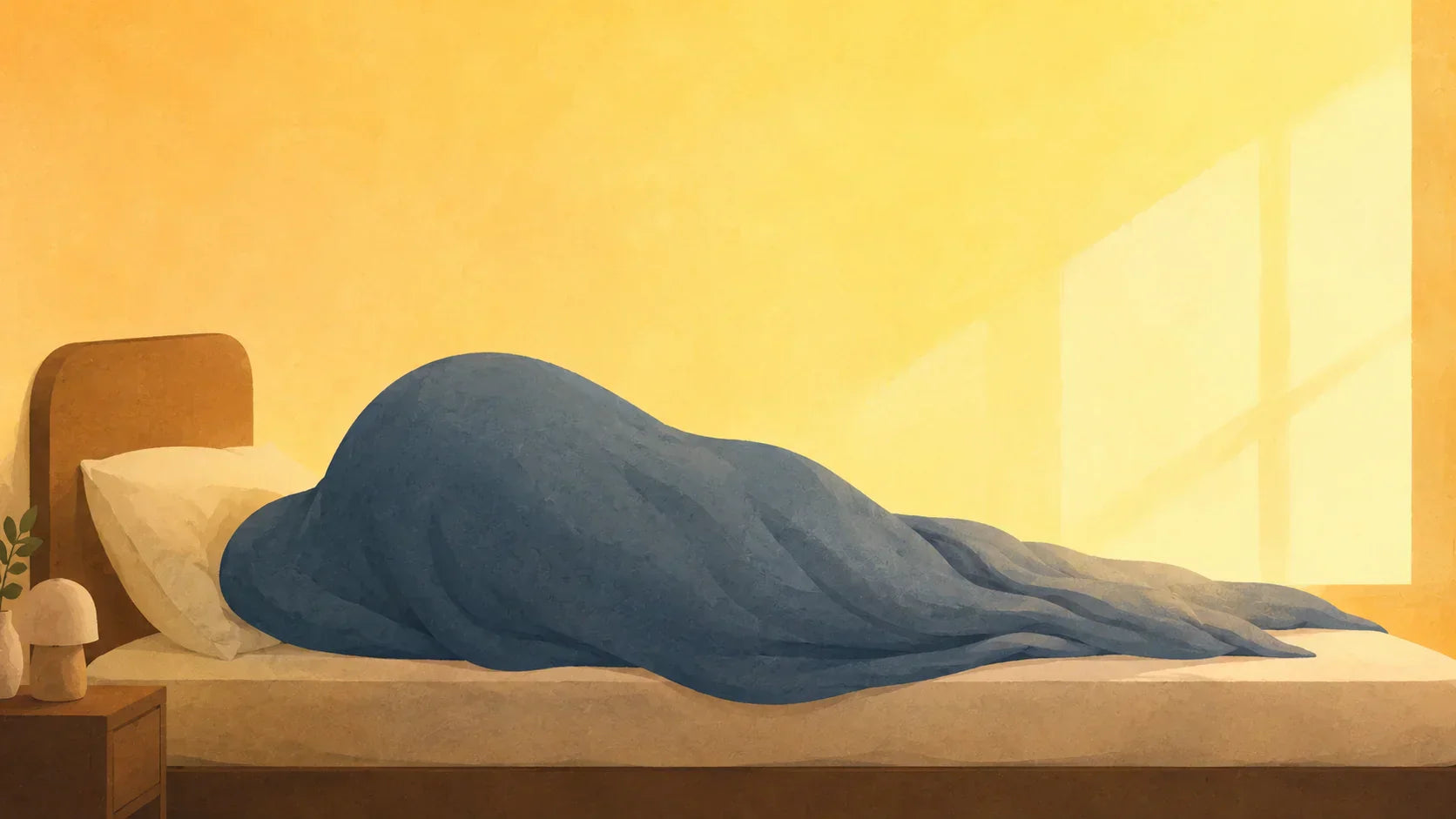 Illustration minimaliste d'une personne entièrement cachée sous une grande couette bleue dans son lit, alors que la lumière dorée du matin entre par la fenêtre sur un mur jaune chaleureux. Image