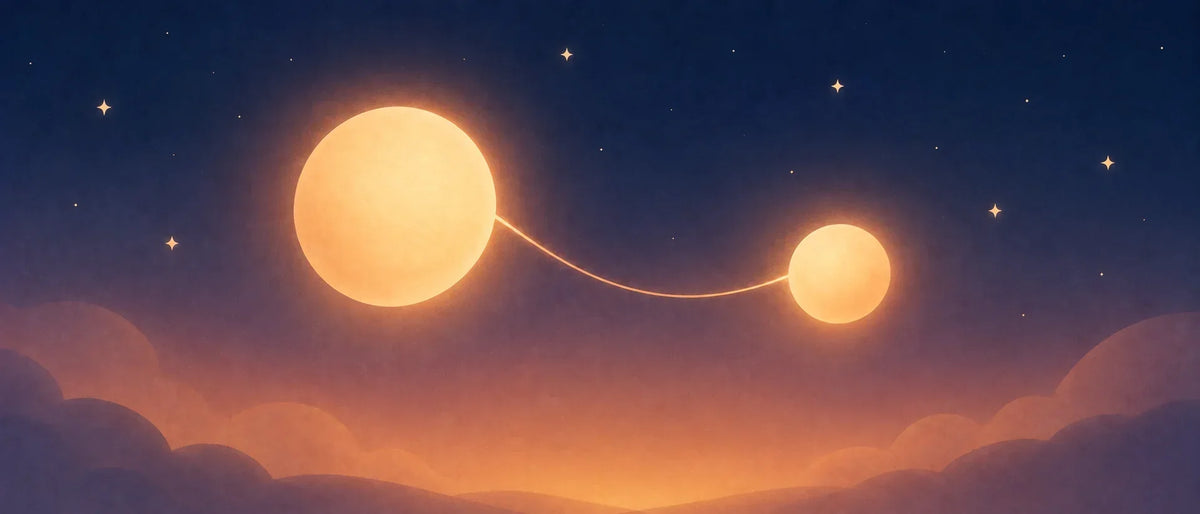 Illustration minimaliste de deux lumières chaleureuses reliées par un délicat fil lumineux dans un ciel nocturne, symbolisant le lien entre le parent et bébé pendant l'angoisse de séparation Image