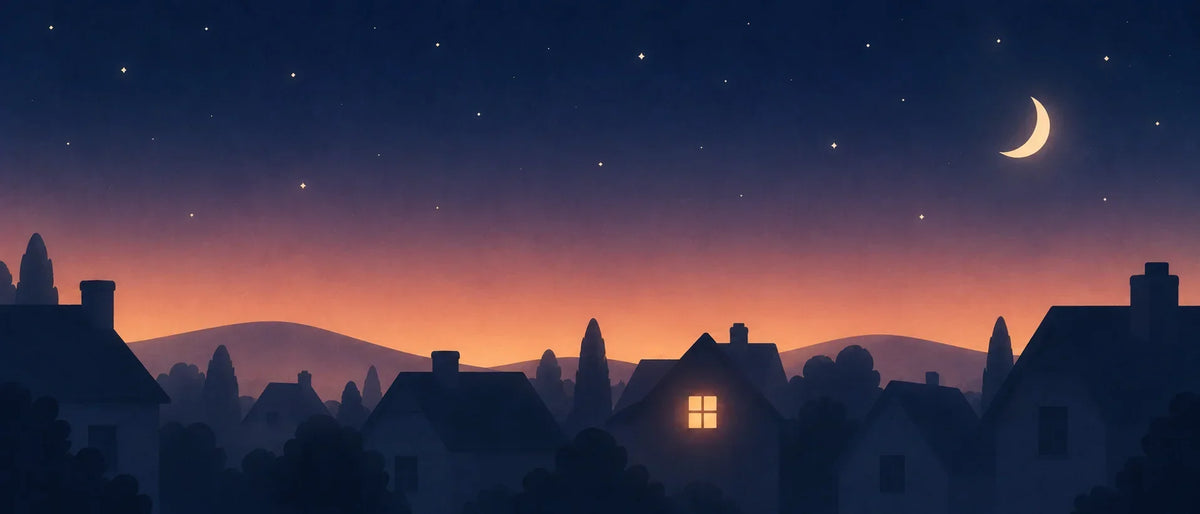 Illustration minimaliste d'un village plongé dans la nuit avec une seule fenêtre éclairée chaleureusement, symbolisant bébé qui se réveille pendant que tout dort Image