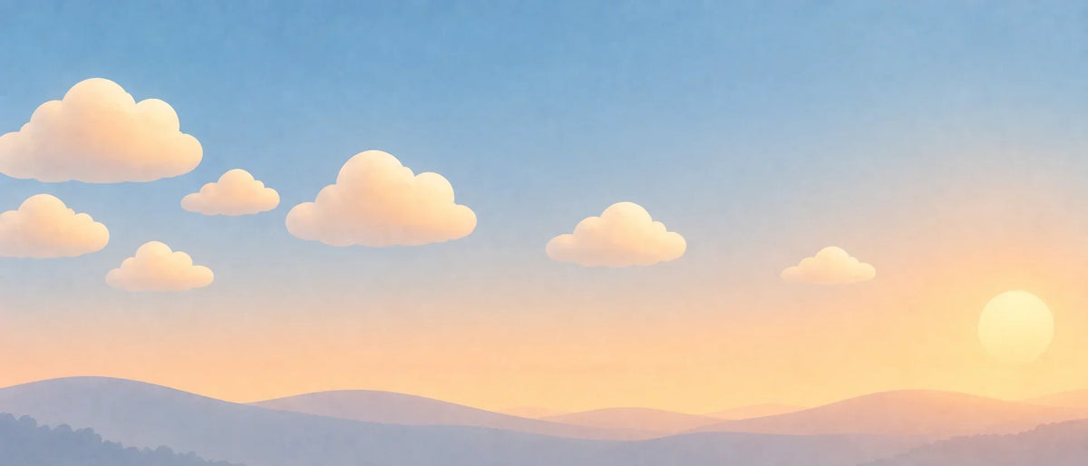 Illustration de nuages doux et espacés progressivement dans un ciel diurne aux couleurs pastel, symbolisant le rythme des siestes de bébé dans la journée Image
