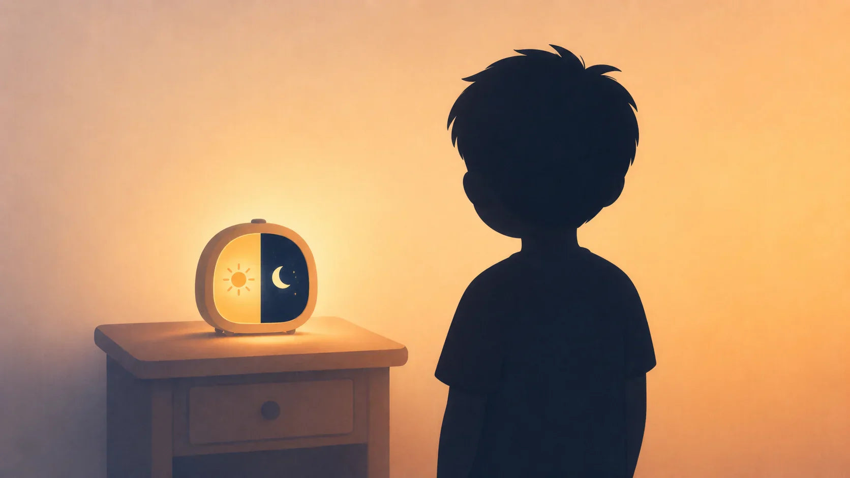 Silhouette d'un enfant de dos regardant un réveil éducatif indicateur de sommeil jour et nuit, allumé sur une table de chevet. Image