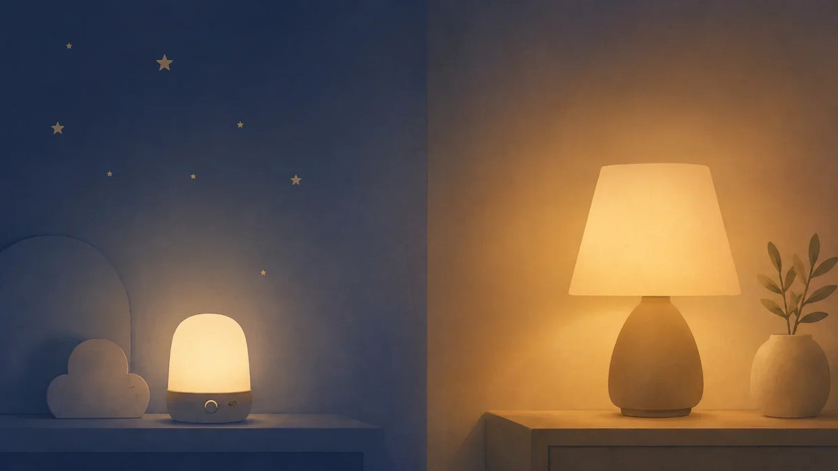 Illustration comparant une veilleuse de nuit et une lampe de chevet Image