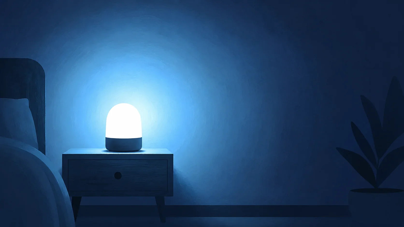 Veilleuse à lumière bleue posée sur une table de nuit Image