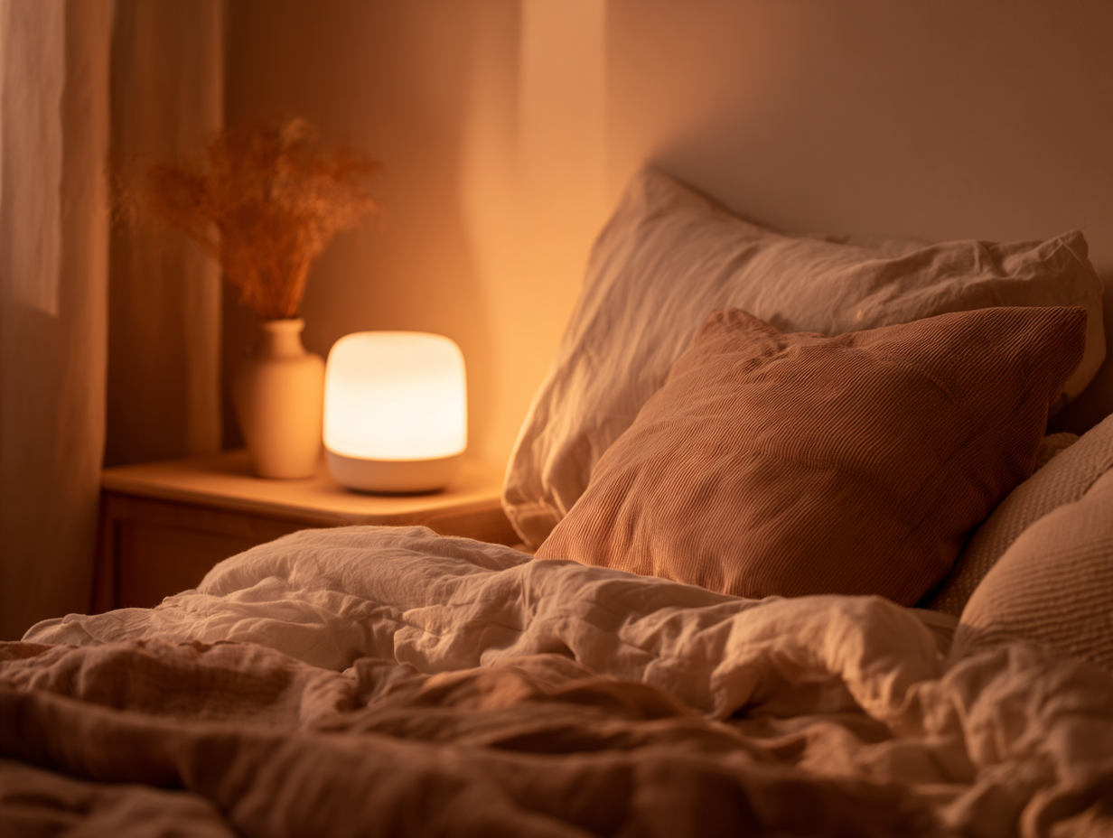veilleuse chambre diffusant une lumière douce dans une chambre calme et apaisante la nuit