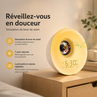 Réveil Simulateur d'Aube Moderne allumé sur fond blanc.