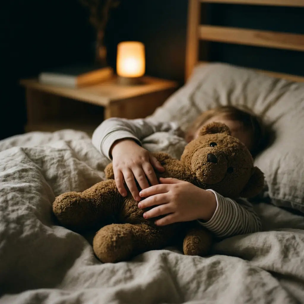 Enfant endormi serrant un grand ours en peluche brun, dans un lit à literie blanche faiblement éclairé par une veilleuse sur une table de chevet en bois Image