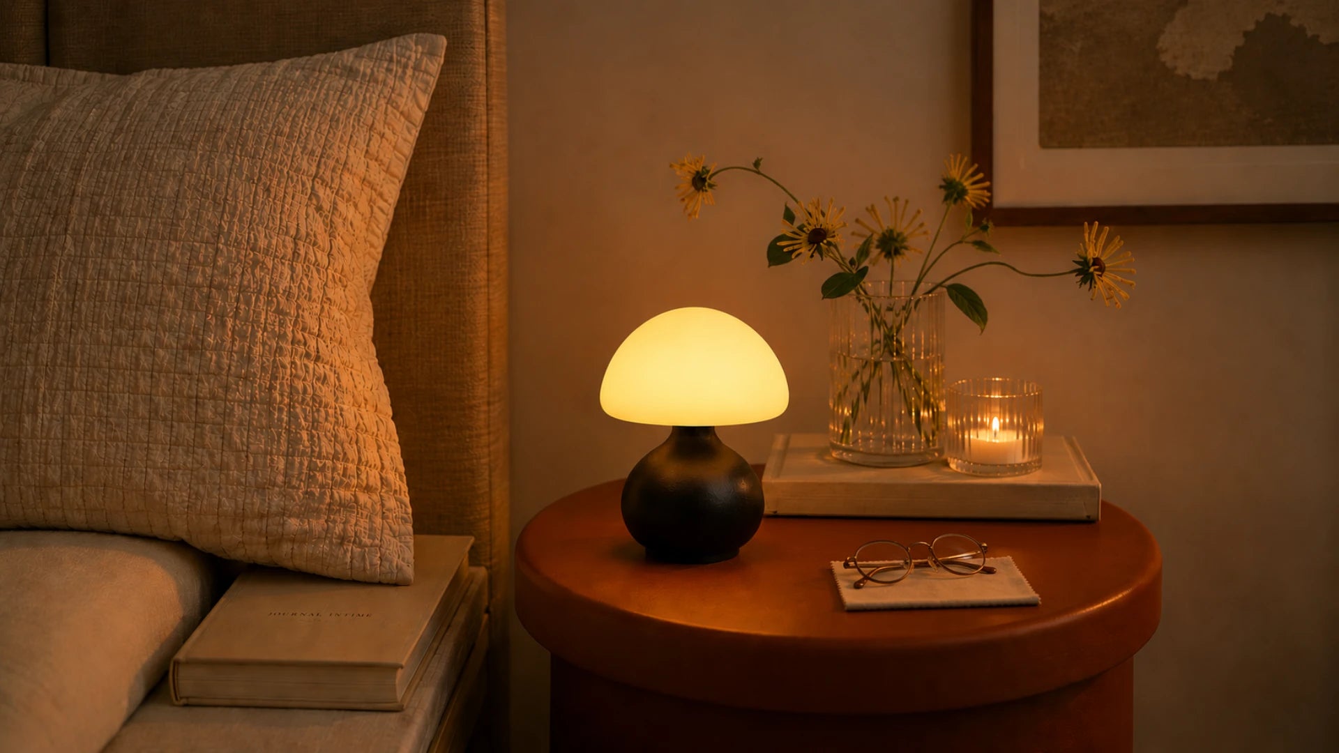Veilleuse champignon noire diffusant une lumière chaude sur une table de chevet dans une chambre chaleureuse.