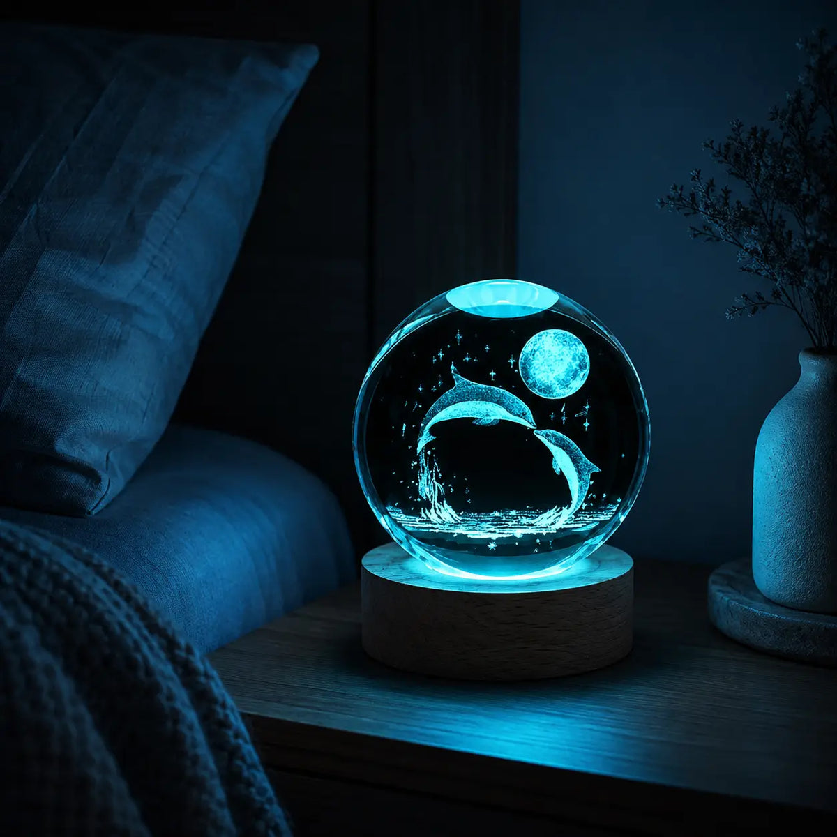 Boule de cristal dauphin illuminée d'une lumière bleue apaisante posée sur une table de chevet en bois dans une chambre