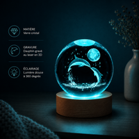 Boule de cristal dauphin éclairée en bleu avec présentation des caractéristiques verre cristal gravure laser 3d et éclairage 360 degrés