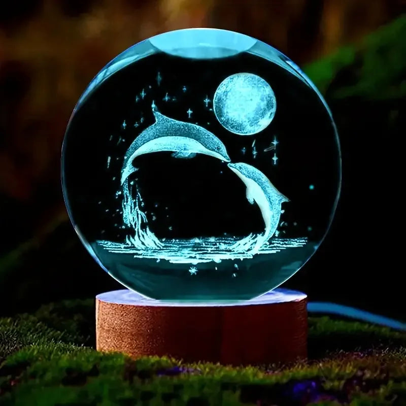 Veilleuse boule de cristal dauphin éclairée en bleu posée sur un socle en bois au cœur d'un décor naturel verdoyant