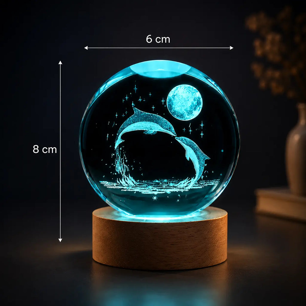Schéma des dimensions de la boule de cristal dauphin indiquant une hauteur totale de 8cm et un diamètre de boule de 6cm