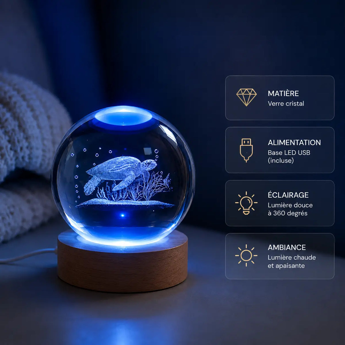Boule de cristal tortue marine éclairée présentant ses caractéristiques verre cristal base led usb et éclairage 360 degrés