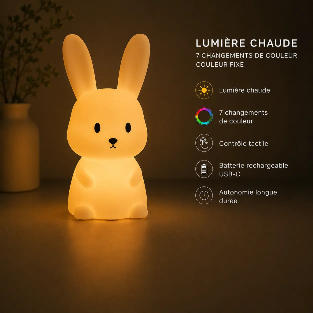 Infographie en français décrivant les caractéristiques techniques et fonctionnalités tactiles de la veilleuse lapin allumée.