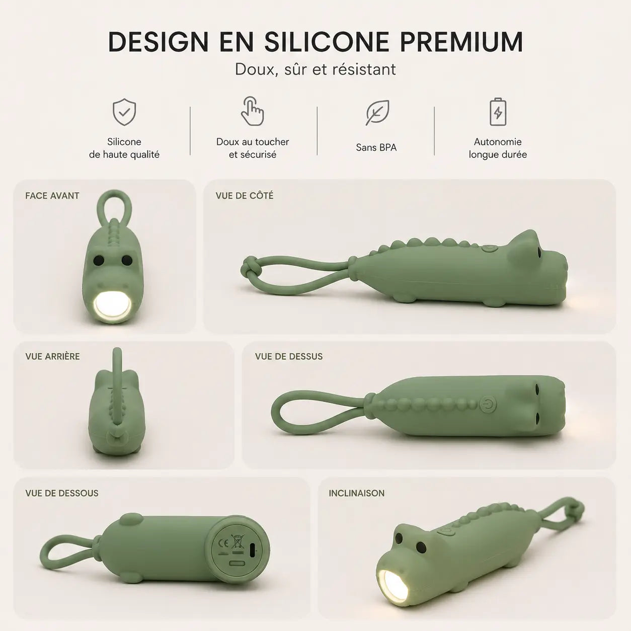 Infographie des trois modes d'éclairage de la lampe torche dinosaure vert.