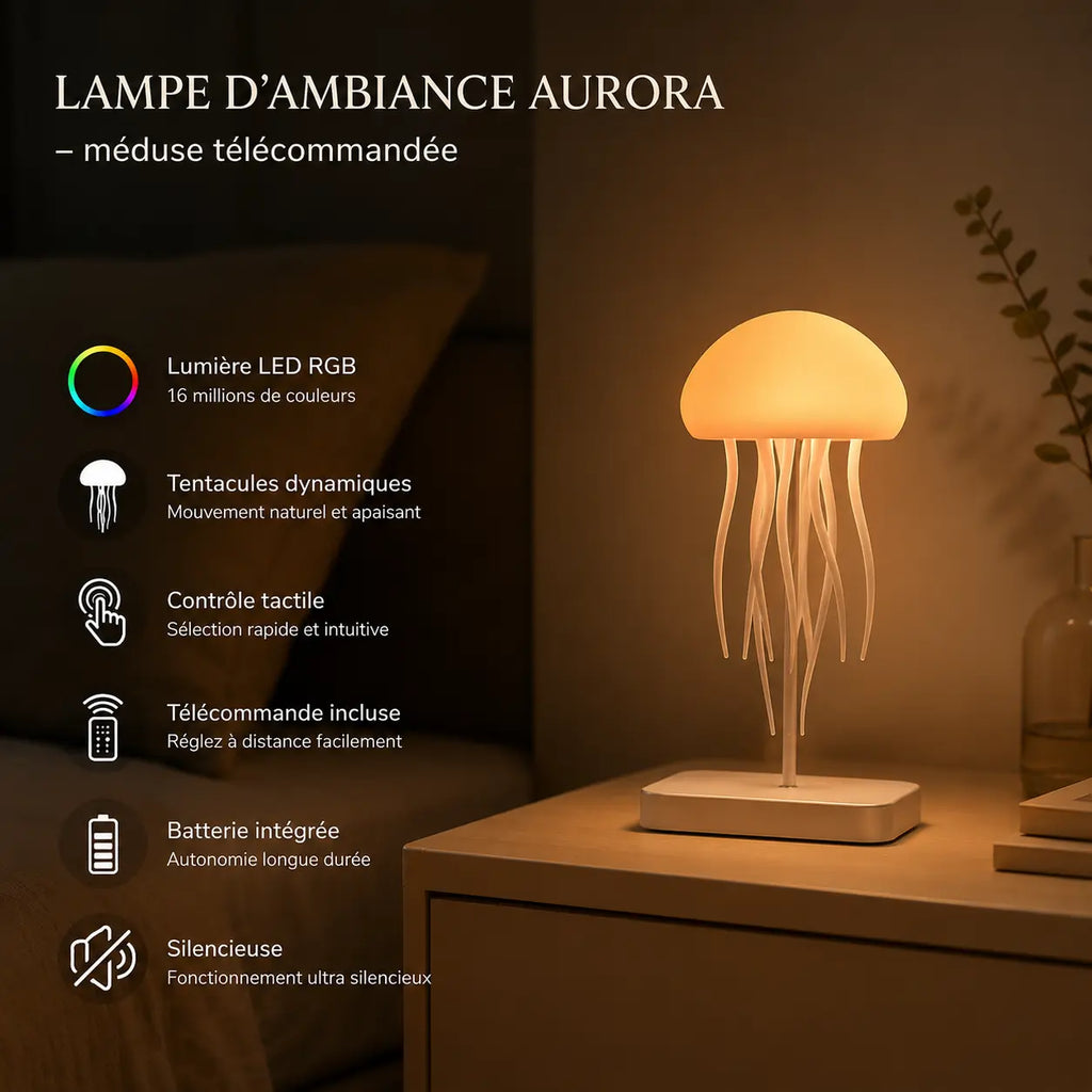 Infographie en français de la lampe d'ambiance méduse Aurora allumée sur une table de chevet, détaillant ses caractéristiques : lumière LED RGB 16 millions de couleurs, tentacules dynamiques, contrôle tactile, télécommande incluse, batterie intégrée et fonctionnement silencieux.