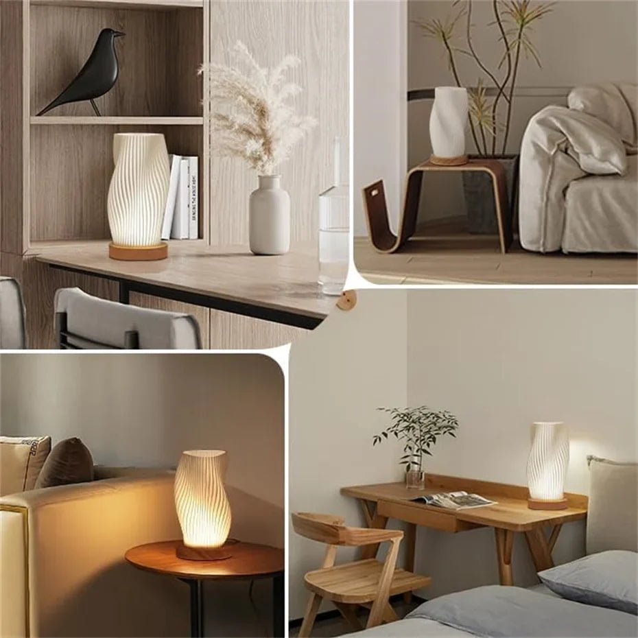 Exemples d'ambiance montrant la lampe de table moderne ondulée installée sur un bureau un bout de canapé et un meuble d'appoint