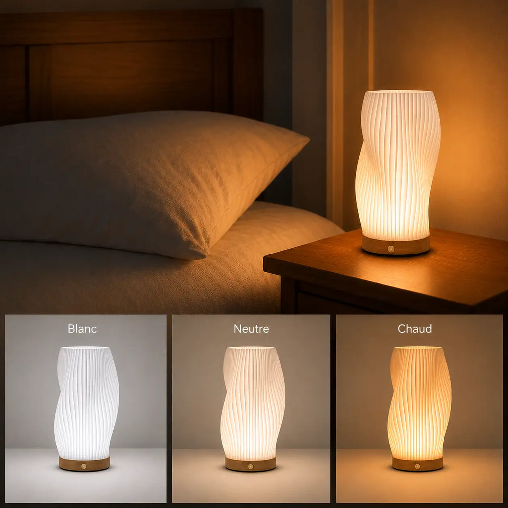 Lampe de table moderne ondulée posée sur une table de chevet et déclinée selon trois températures de couleur blanc neutre et chaud