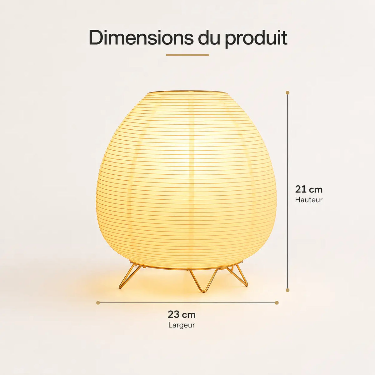 Infographie indiquant les dimensions de la lampe lanterne japonaise avec une hauteur de 21 cm et une largeur de 23 cm.