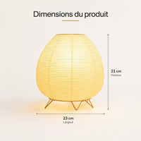 Infographie indiquant les dimensions de la lampe lanterne japonaise avec une hauteur de 21 cm et une largeur de 23 cm.