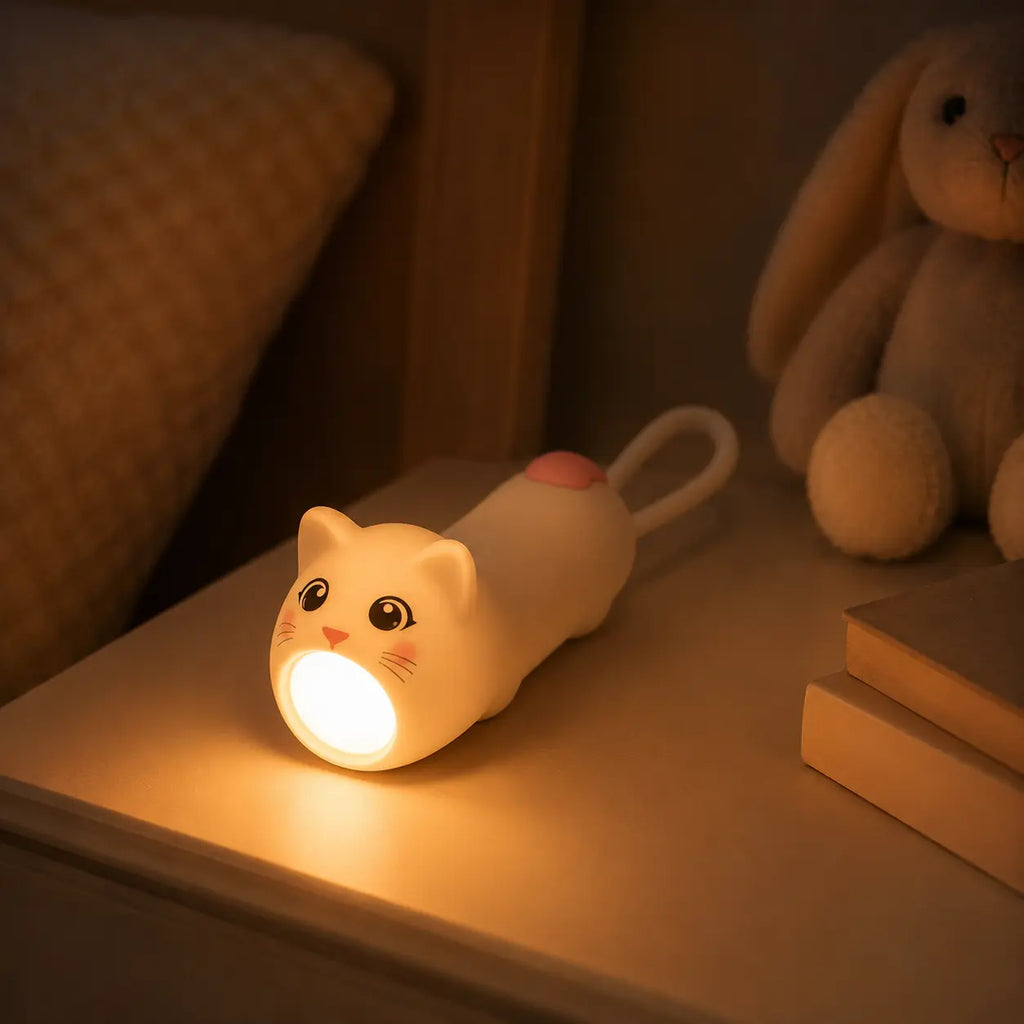 Lampe torche et veilleuse en forme de chat blanc posée sur une table de chevet, émettant une lumière douce et chaleureuse.