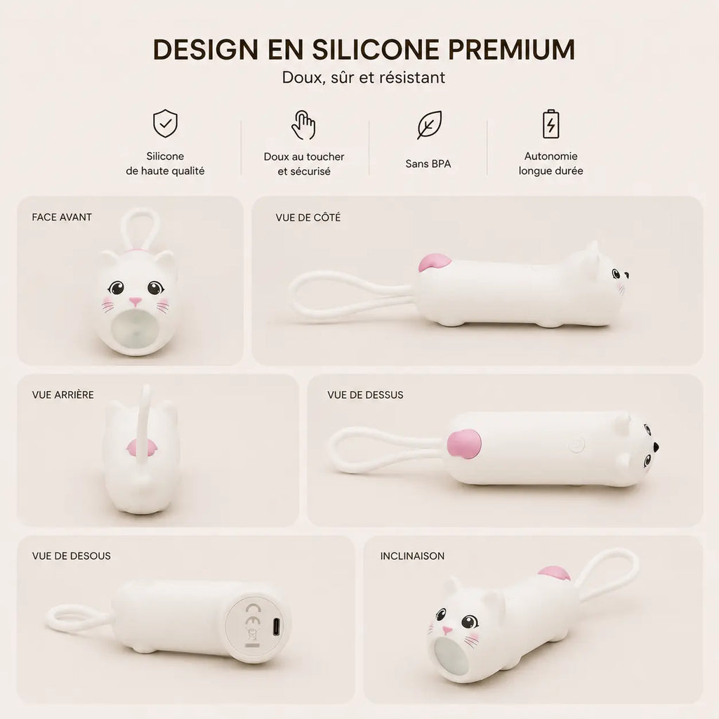 Présentation sous plusieurs angles de la lampe torche en forme de chat blanc en silicone : face avant, côté, dessus, dessous et inclinaison.