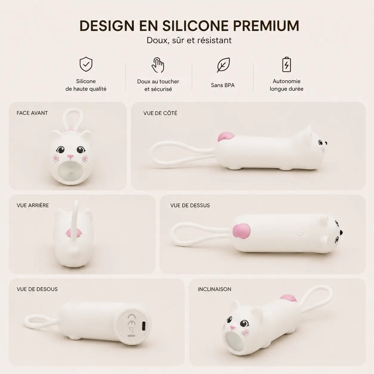 Présentation sous plusieurs angles de la lampe torche en forme de chat blanc en silicone : face avant, côté, dessus, dessous et inclinaison.