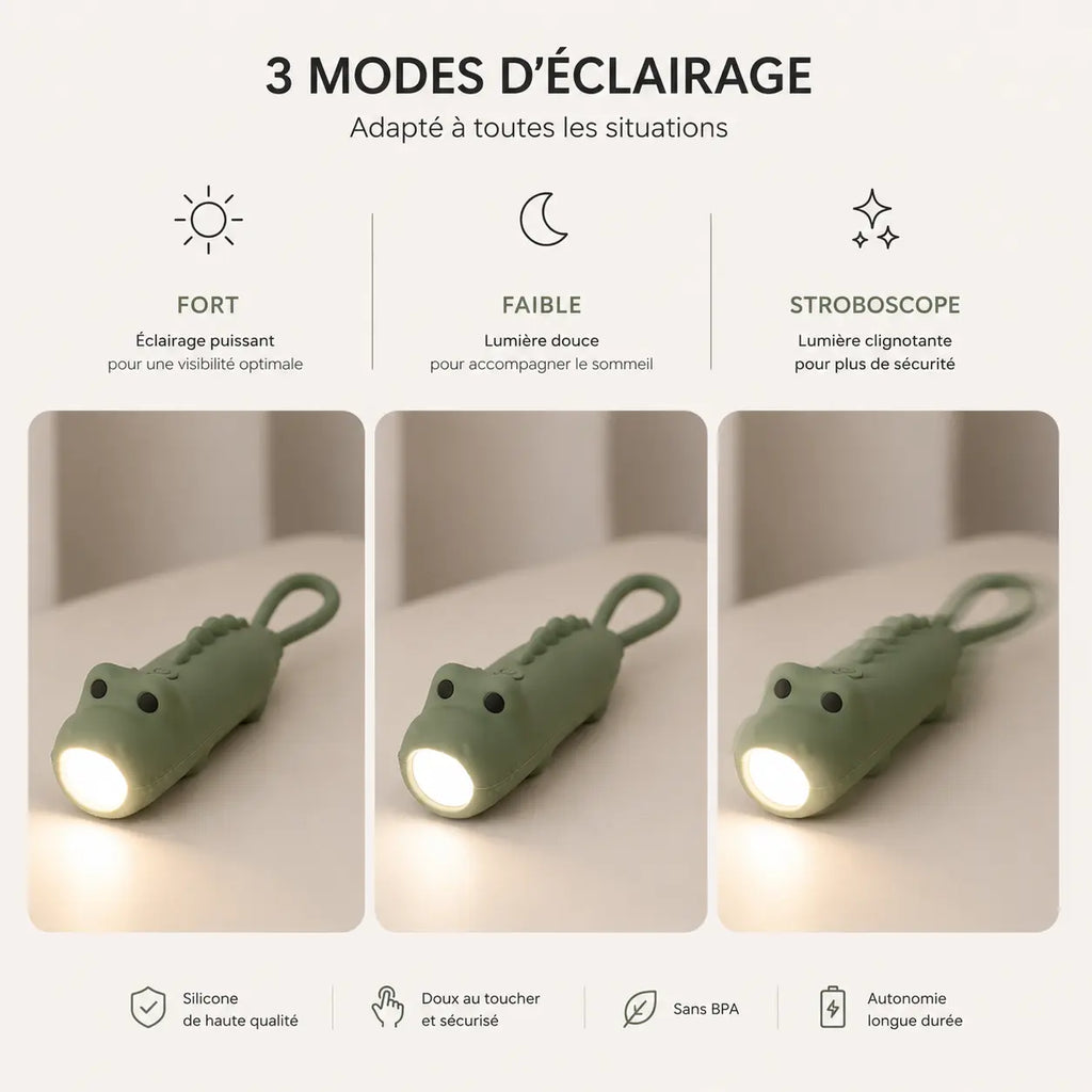 Infographie des trois modes d'éclairage de la lampe torche dinosaure vert.