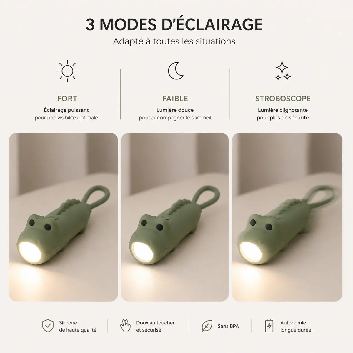 Infographie des trois modes d'éclairage de la lampe torche dinosaure vert.