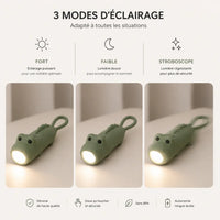 Infographie des trois modes d'éclairage de la lampe torche dinosaure vert.