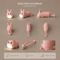 Infographie présentant les différents angles et détails de la lampe torche lapin rose.