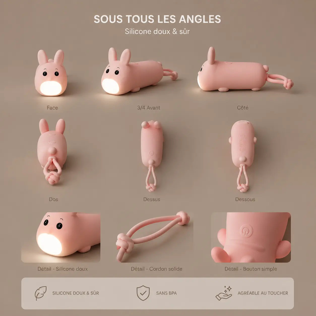 Infographie présentant les différents angles et détails de la lampe torche lapin rose.
