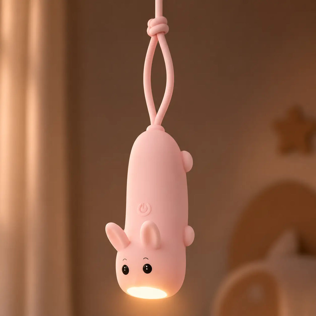 Lampe torche lapin rose allumée et suspendue par sa dragonne.