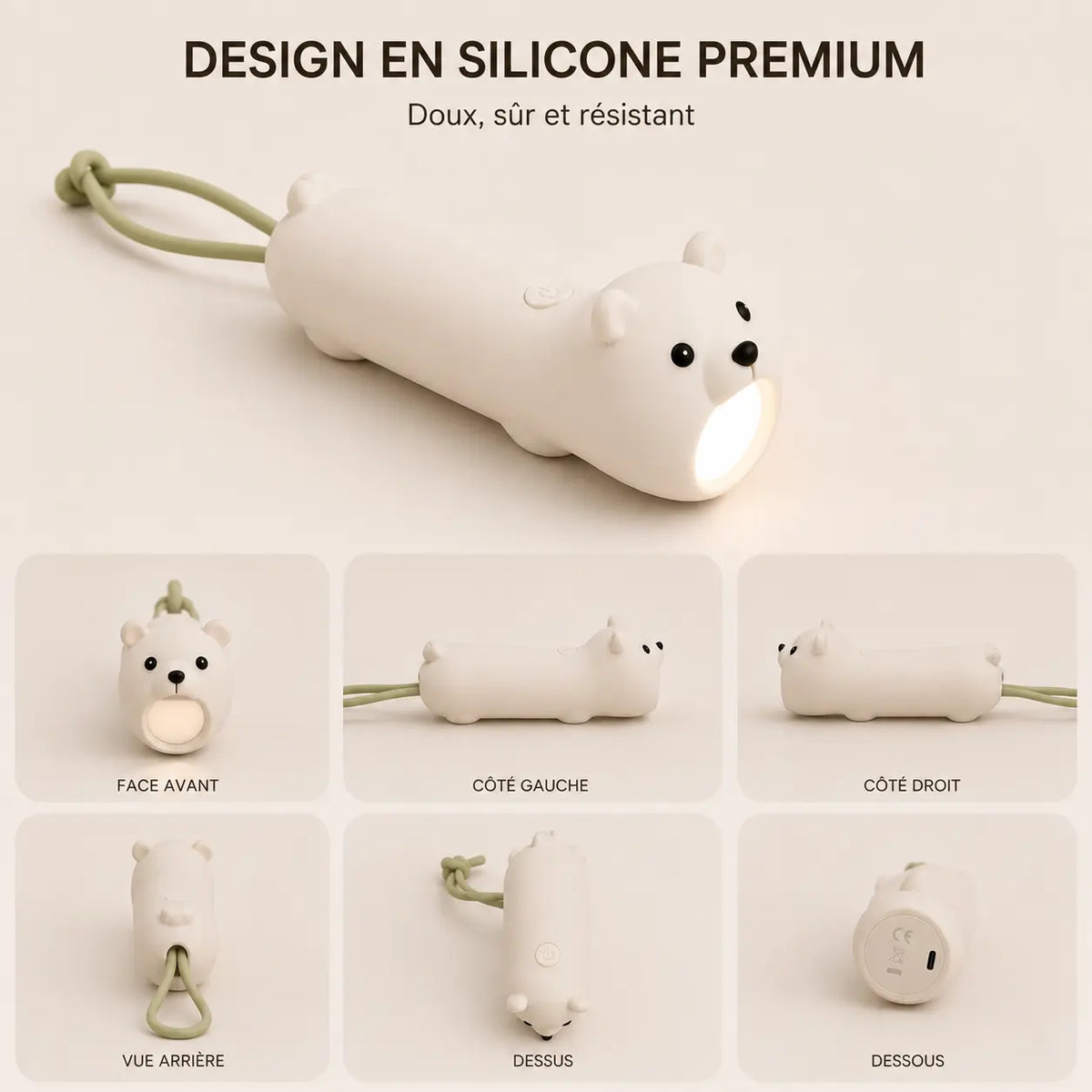 Infographie présentant les différents angles de la lampe torche ours.