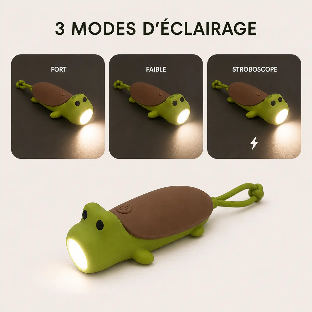 Lampe torche en forme de tortue verte montrant ses 3 modes d'éclairage : fort, faible et stroboscope.