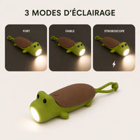 Lampe torche en forme de tortue verte montrant ses 3 modes d'éclairage : fort, faible et stroboscope.