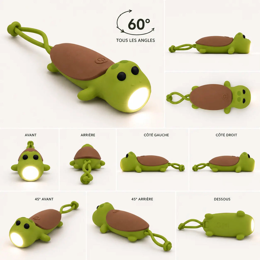 Présentation multi-angles de la lampe torche tortue sous tous les côtés : avant, arrière, profil et dessous.