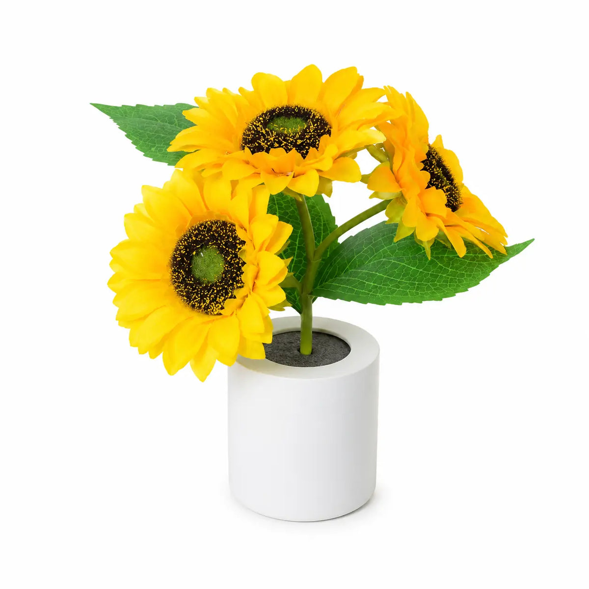 Lampe tournesol led en pot blanc avec trois fleurs jaunes artificielles et feuilles vertes sur fond blanc