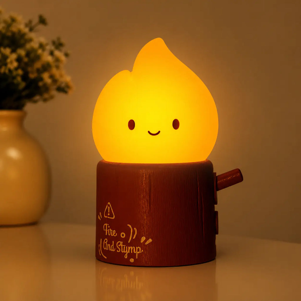 Lampe veilleuse flamme allumée posée sur une table à côté d'un vase en céramique dans une ambiance douce.
