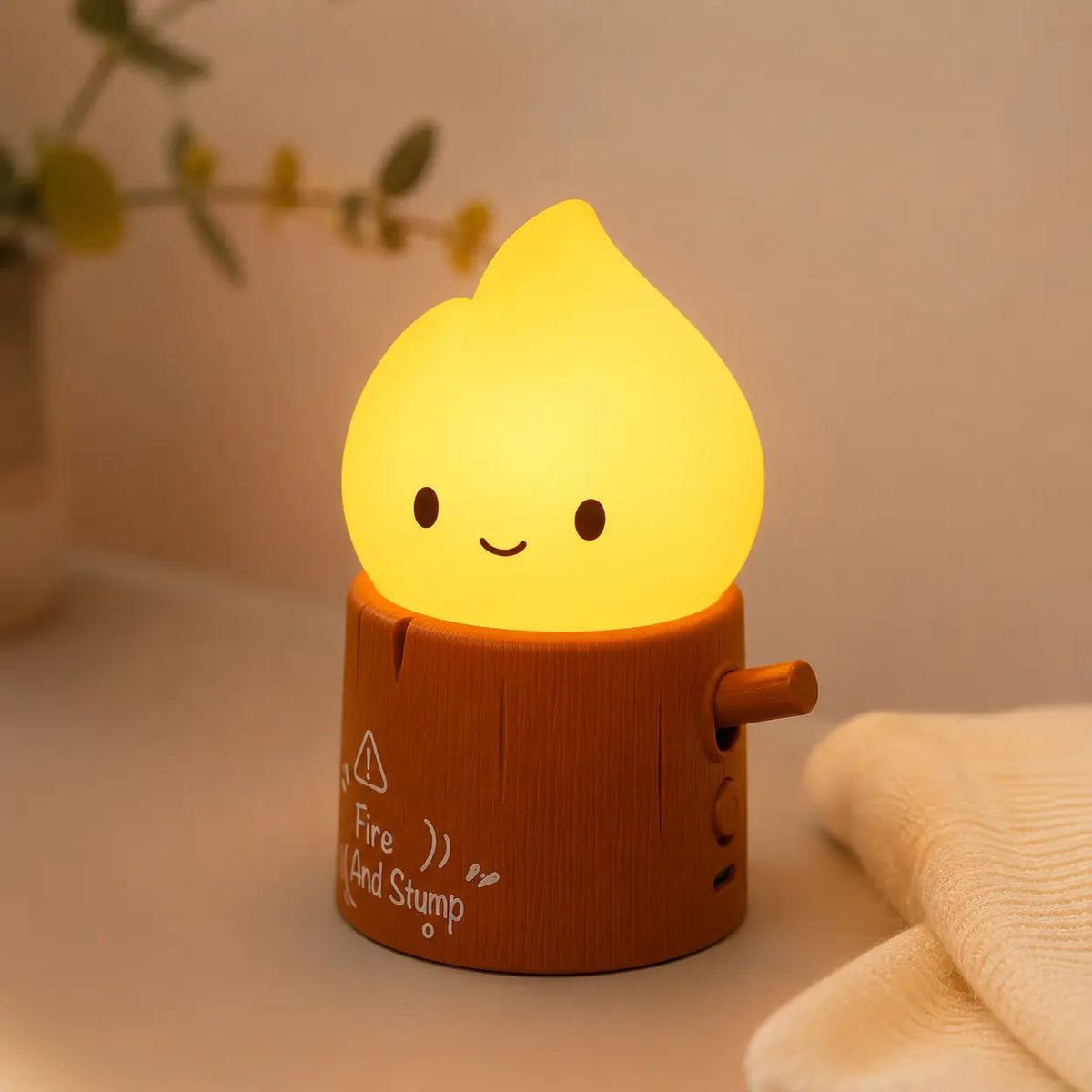 Lampe veilleuse flamme allumée en forme de personnage souriant sur une bûche en bois.