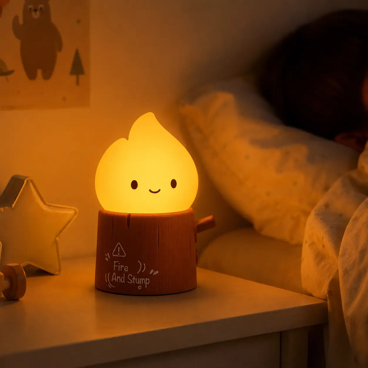Lampe veilleuse flamme allumée sur une table de chevet à côté d'un enfant qui dort.