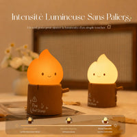 Infographie montrant le réglage de l'intensité lumineuse de la lampe veilleuse flamme, de faible à haute intensité.