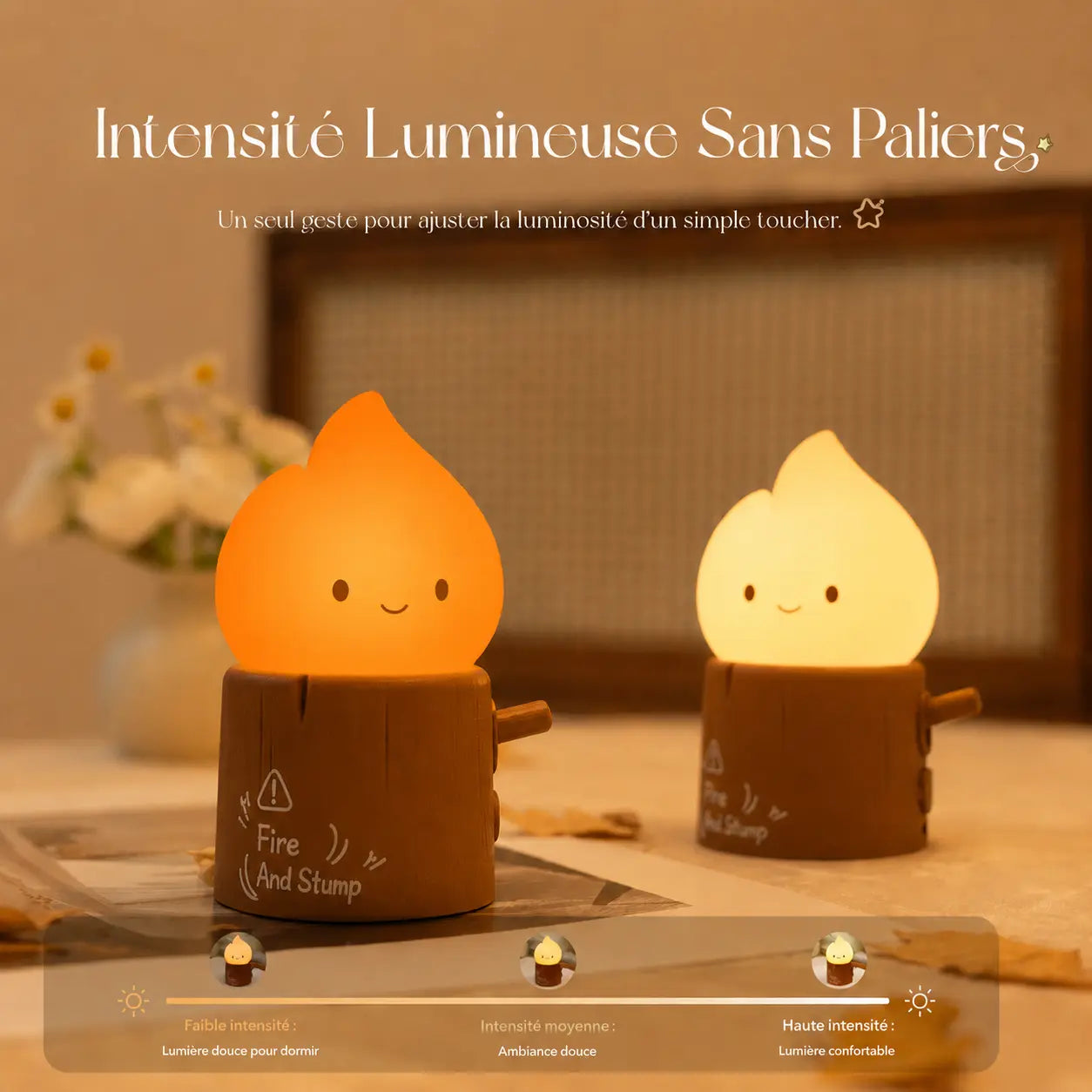 Infographie montrant le réglage de l'intensité lumineuse de la lampe veilleuse flamme, de faible à haute intensité.