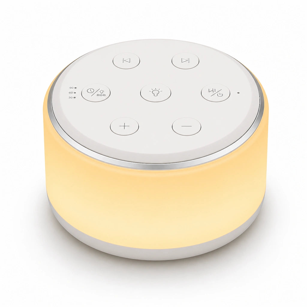 Machine à bruit blanc et veilleuse pour bébé allumée de forme cylindrique, diffusant une lueur jaune chaleureuse. La face supérieure blanche intègre des boutons de contrôle épurés pour le réglage du volume, de la lumière, des pistes audio et de la minuterie (30, 60, 90 minutes), présentée sur fond blanc.