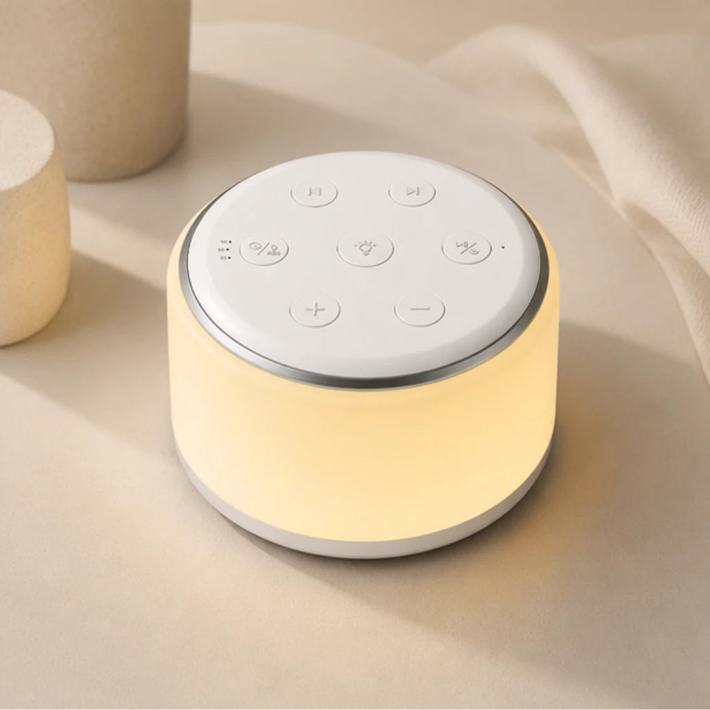 Machine à bruit blanc et veilleuse cylindrique allumée, diffusant une douce lueur jaune chaleureuse. Elle est posée sur une surface beige minimaliste aux tons neutres, à côté d'accessoires décoratifs épurés et d'un textile doux, créant une atmosphère sereine et apaisante.