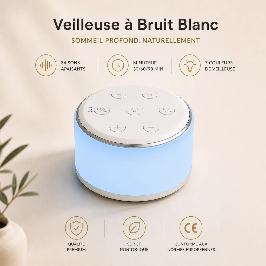Infographie en français présentant une machine à bruit blanc allumée diffusant une lueur bleu clair sur fond beige, détaillant ses fonctionnalités (34 sons apaisants, minuteur 30/60/90 min, 7 couleurs de veilleuse, qualité premium, sûr et non toxique, conforme aux normes européennes CE).